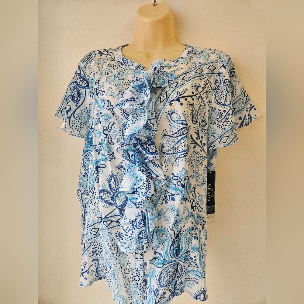 Chaps Denim -Women's Blue and White Floral Top XL 100% Cotton NWT